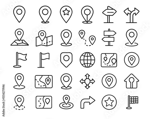 Map Location Line Editable Icons Set, vector illustration in modern thin line style of pin, flag, direction, map, marker, route, navigation, location, gps, positioning, path, app, png
