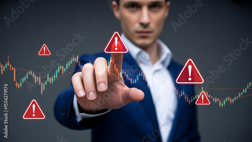 Man interacting with financial data displaying multiple warning signs and stock market charts