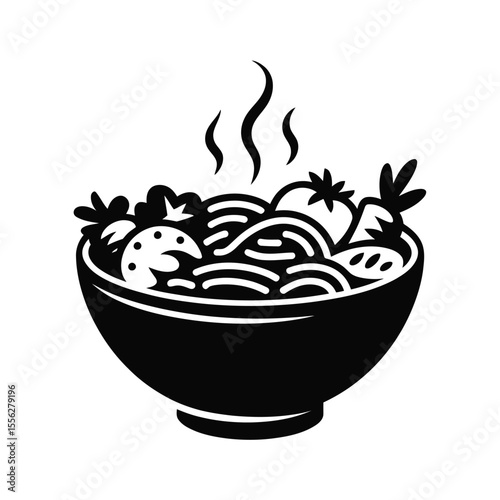 Steaming Bowl of Pasta with Vegetables Black and White Illustration