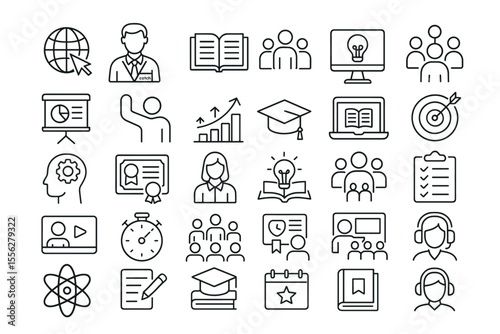 Training Editable Icons Set. Vector illustration in thin line style of education, learning, internet, coach, group, course, infographic, workshop, certificate, cognition, university, png.