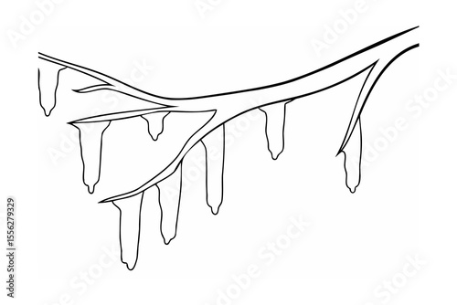 Black outline illustration of tree branches with icicles hanging down