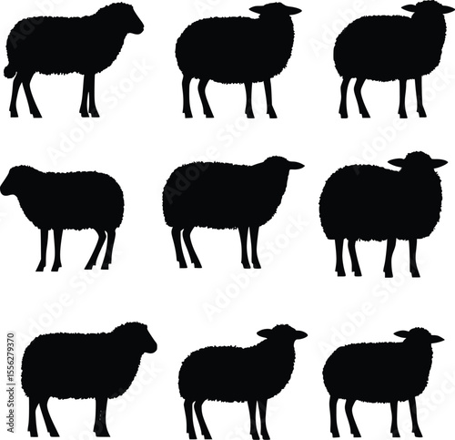 Nine Sheep Silhouettes Vector Farm Animal Set Illustration