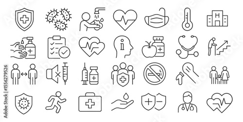 Public Health Line Editable Icons Set, vector illustration in modern thin line style, awareness, hygiene, vaccination, healthcare, prevention, hospital, community, global, icon, png.