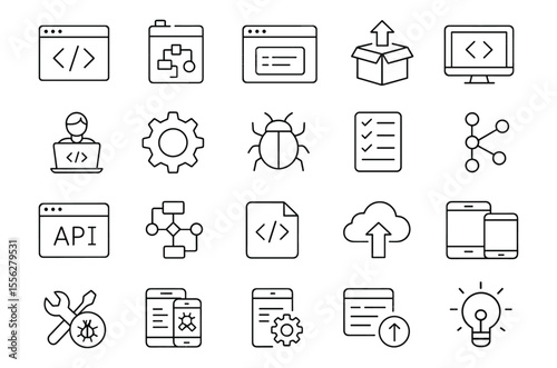 Software Development Line Editable Icons Set. Vector illustration of agile planning, coding, testing, release, maintenance, workflow, methodology, project management, web, process, pictogram, png.