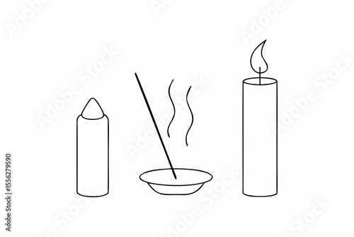 Black and white line drawing of candles incense and a bowl on white background