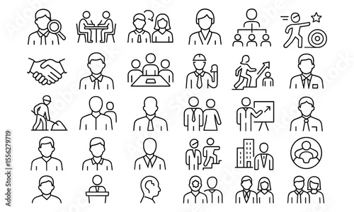 Business People Line Editable Icons Set, vector illustration in modern thin style, teamwork, office, communication, leadership, corporate, career, motivation, manager, brainstorming, business.