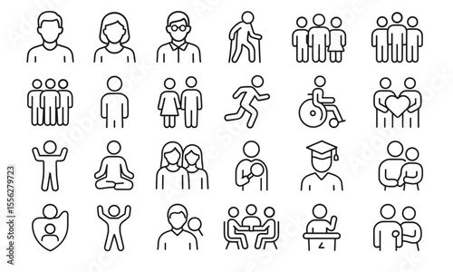 People Line Editable Icons Set, Vector Illustration in Thin Outline Style of Human Figures: Men, Women, Children, Seniors, Family, Team, Friends, Yoga, Walking, Meeting, Insurance
