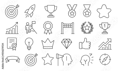 Goal Target Line Editable Icons Set, vector illustration of mission, winner, achievement, strategy, career growth, core value, success icon, leadership, outline, thin style, infographic.