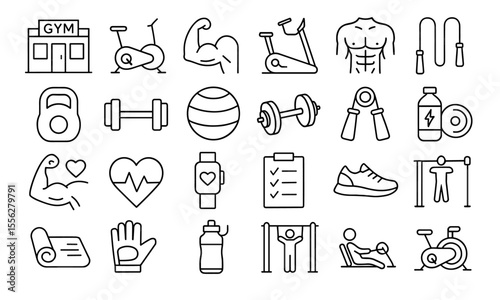 GYM Line Editable Icons Set. Vector illustration of fitness, gym, exercise equipment, bodybuilding, dumbbell, stretching, treadmill, yoga, strength training, workout, infographics, png.