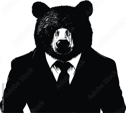 Vector illustration serious bear suit elegant monochrome graphic design