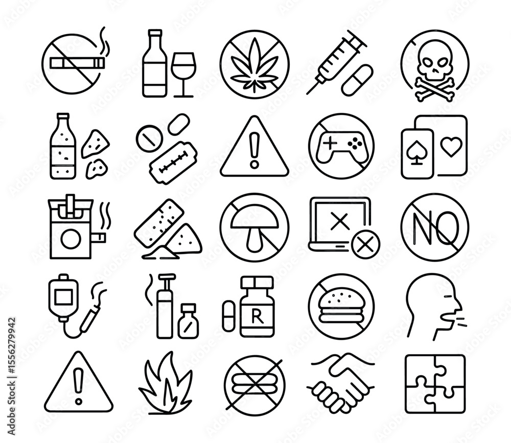 Fototapeta premium Stop addiction line editable icons set. Vector illustration in thin modern style of bad habits: smoking, alcohol, drugs, gambling, unhealthy, risk, poison, toxic, quit, emotional