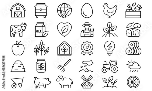 Farming line editable icons set, vector illustration in modern thin line style of agriculture, farm products, animals, equipment, harvest, organic, seeds, tractor, barn, honey, dairy