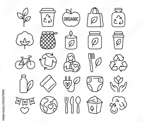 Eco friendly lifestyle line editable icons set, vector illustration in modern thin line style of ecology icons: organic food, upcycling, second hand, recyclable, composting, solar panel