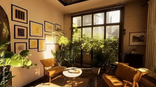 Serene Interior Design: An Urban Oasis of Greenery and Natural Light Flowing In