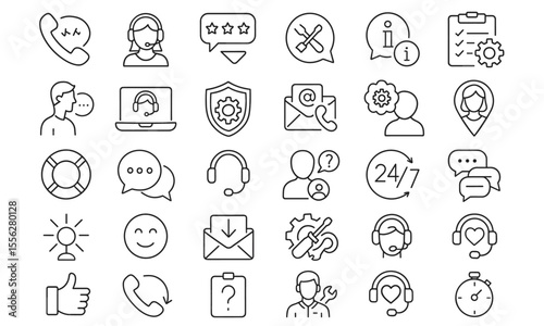 Support service line editable icons set, vector illustration in thin line modern style of customer service, assistant, feedback, technical support, chat, communication, help, info, phone
