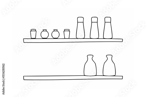 Black line drawing of shelves with various bottles and jars
