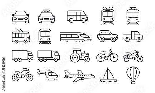 Vehicle Line Editable Icons Set. Vector illustration in modern thin line style of car, taxi, bus, train, tram, plane, ship, scooter, truck, helicopter, motorcycle, auto, transport, travel, png.