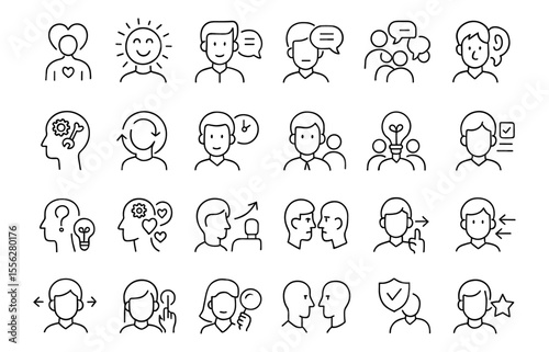 Soft Skills Line Editable Icons Set. Vector illustration of communication, teamwork, empathy, adaptability, leadership, creativity, confidence, patience, initiative, honesty, flexibility, png