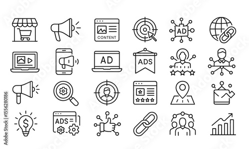 Vector illustration of marketing icons set in modern thin line style, including online shop, content, advertising, streaming, social, client, business, growth, editable, symbol, technology