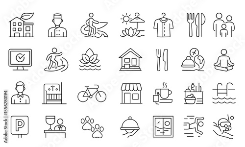 Resort line editable icons set vector illustration in modern thin line style of hotel accommodation, service, transport, spa, family friendly, beach, pool, gym, reception, parking