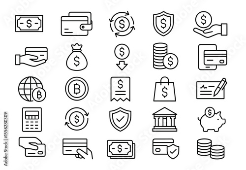 Money and Payment Line Editable Icons set, vector illustration in modern thin line style of finance operations, currency exchange, savings, bank cards, transactions, profit