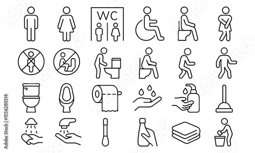 Toilet line editable icons set, vector illustration in modern thin line style, public restroom symbols, gender signs, hygiene, washroom, sanitary, accessibility, soap, water, bathroom, social icons