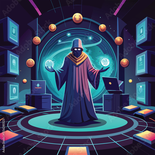 A robed figure surrounded by levitating screens and algorithmic scrolls, casting glowing lines of code like spells..eps