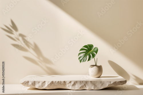 A minimalist scene with a Monstera leaf in a vase on a rough stone slab. Natural light and shadows create a calm, serene composition for organic product display and branding.