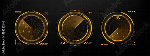 Three futuristic radar displays scanning on a dark background. Head up design for technology, sci-fi, and digital concept.