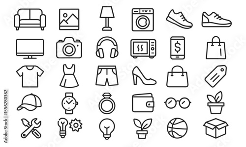 Marketplace categories line editable icons set, vector illustration in modern thin line style of e-commerce icons: electronics, household goods, clothing, fashion, appliances
