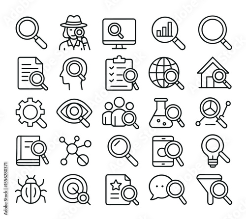 Search editable icons set, vector illustration in modern thin line style of research icons: inspector, monitoring, analysis, investigation, magnifying glass, science, statistic