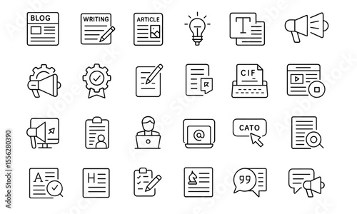 Copywriting line editable icon set, modern thin line style, author, writing, content, marketing, blog, text, copywriter, article, creative, plan, freelance, advertising, storytelling, editing