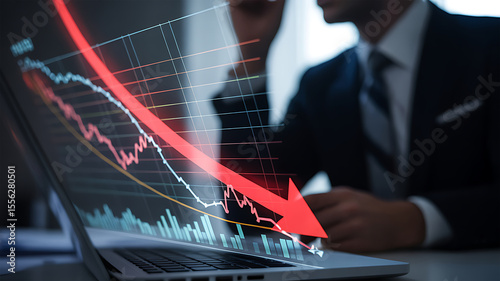 Businessman observes a sharp decline in stock market performance displayed on a laptop screen