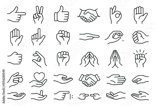 Hands Line Editable Icon Set, modern thin line hand gesture collection, handshake, like, peace, ok, praying, communication, business, outline, symbol, pointing, vector illustration
