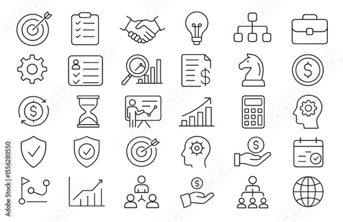 Business line editable icons set, vector illustration in modern thin line style, finance, planning, partnership, management, analytics, teamwork, leadership, pictograms, infographic