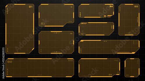 Set of orange hud frames or vector graphic futuristic screens. Digital display interface design for game or app.