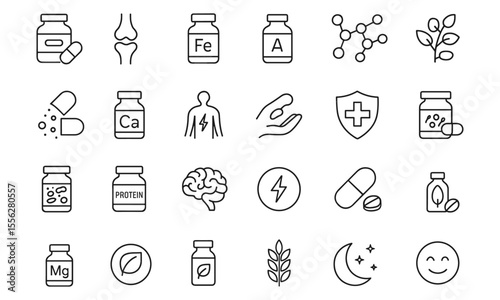 Supplements line editable icons set, vitamin, mineral, amino acid, collagen, metabolism, immunity, probiotic, protein, brain health, omega, herb, weight loss, magnesium, organic, wellness, vector