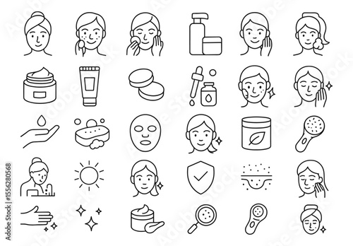 Skin care editable icons set, vector illustration, beauty, face, treatment, cleansing, moisturizing, mask, cosmetic, facial, dermatology, healthy, rejuvenation, wellness, thin line