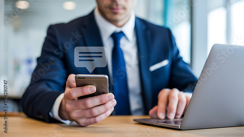 Businessman using smartphone with chat bubble icon and laptop for communication and digital messaging