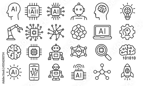 Artificial Intelligence editable icon set, vector illustration, thin line AI technology, machine learning, smart robotic, innovation, network, science, communication, business, concept, modern.