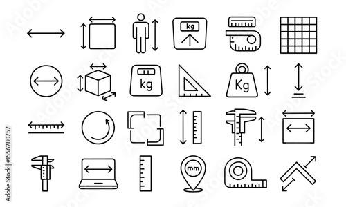 Measuring line editable icon set, size, length, width, area, weight, meter, section, outline, protractor, tape measure, thermometer, compass, volume, symbol, thin, vector illustration