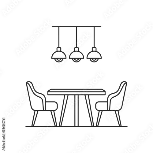 Dining room interior with table chairs and pendant lights line art