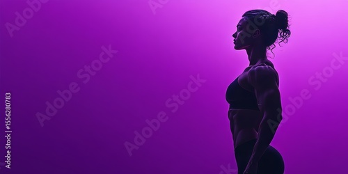 The fit female athlete in gym attire showcases her muscular physique against a vibrant purple backdrop with neon glow and high contrast.