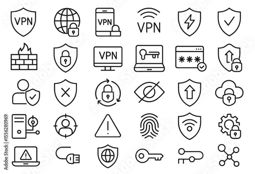 VPN line editable icons set, online security, privacy, firewall, protection, cyberspace, password, secure access, anonymity, network, wi-fi, encryption, technology, vector illustration