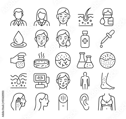 Dermatology line editable icons set, vector illustration, skin care, doctor, treatment, cosmetic, serum, medical, beauty, health, face, acne, nail, fungus, clinic, pictograms, infographic.