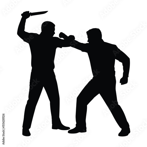 Silhouette of two men fighting one with a knife