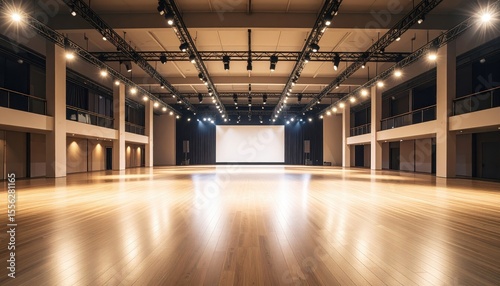 Spacious modern event hall with polished wooden floor and bright stage lighting, ideal for conferences
