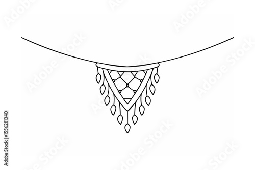 Black and white one line drawing of a decorative pendant with hanging teardrops