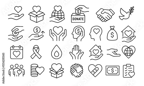Charity line editable icons set, philanthropic, almsgiving, donation, welfare, humanism, altruism, help, empathy, volunteering, support, community, care, vector illustration, thin line, icon.