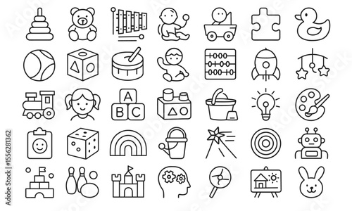 Children Toys Features Line Editable Icons Set, toddler toy, education, therapy, baby, skills, imagination, sensory, safe, pictogram, symbol, vector illustration, thin line, childhood, game.